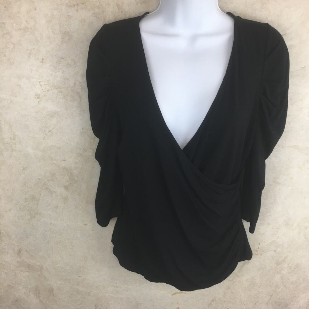 Kenneth Cole Black Faux-Wrap Top with Ruched Sleeves and Front Women's Size S